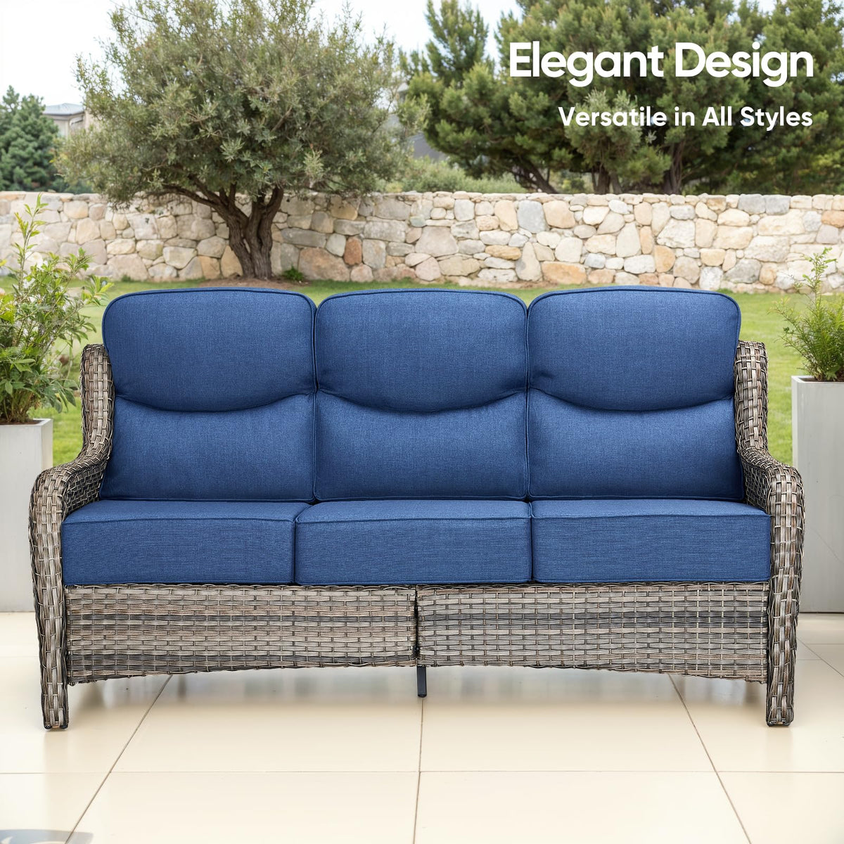 Grey Wicker 3-Seat Outdoor Sofa with Cushion W84915