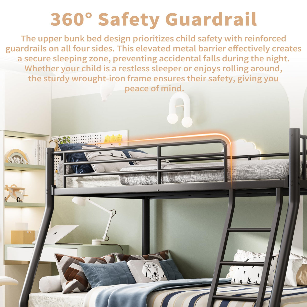 Twin Over Full Size Bunk Bed with Guardrail & Ladder C1396