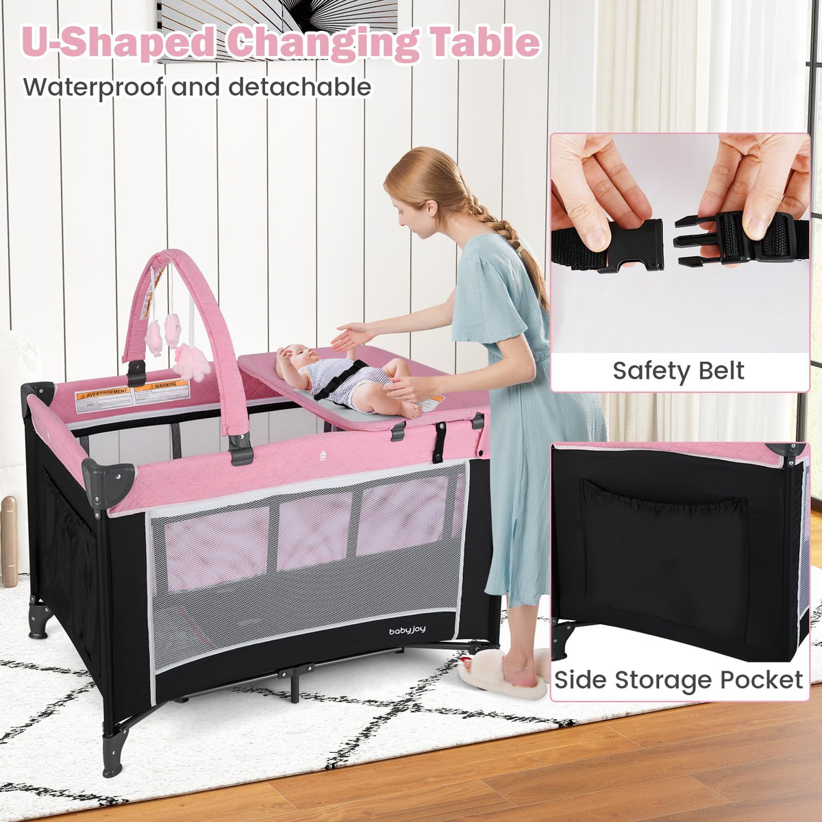 3 in 1 Pink Pack and Play Baby Crib Bassinet B836167