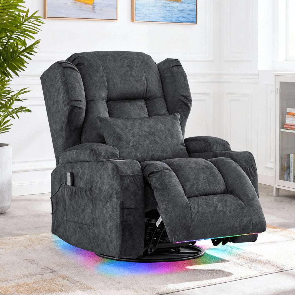 Velvet Gray Power Swivel Rocker Recliner Chair with Massage & Heat K9963