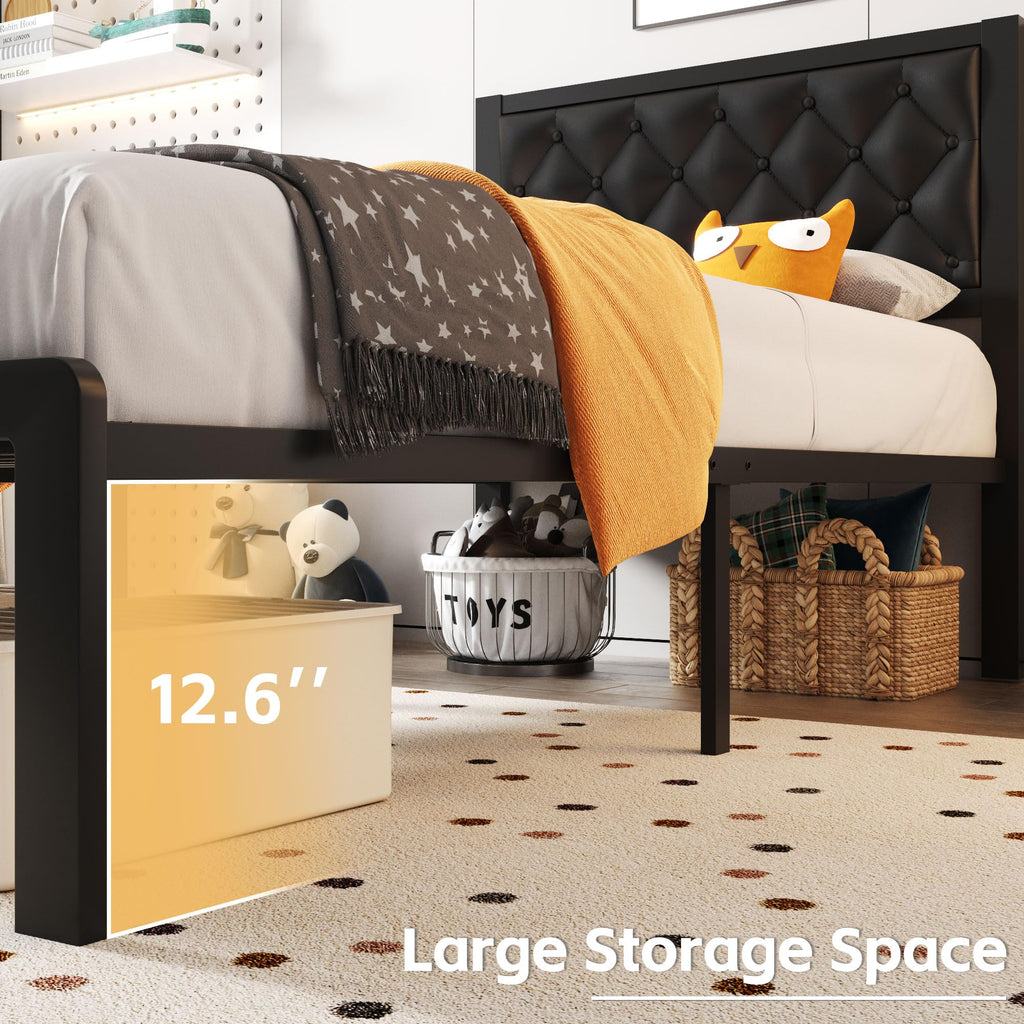 Black PU Leather Upholstered Twin Bed Frame with Headboard E4410