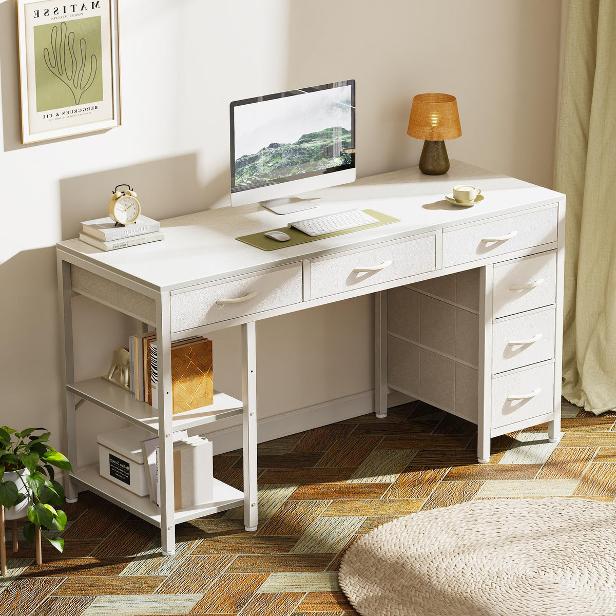 White 6 Drawer Computer Desk with Shelves U284484