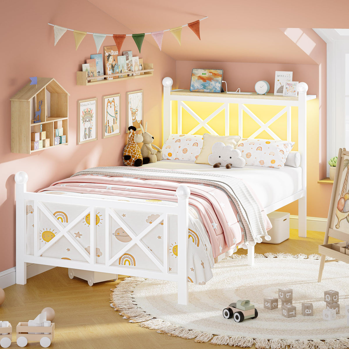 White Twin Bed Frame with Headboard and Footboard E83673