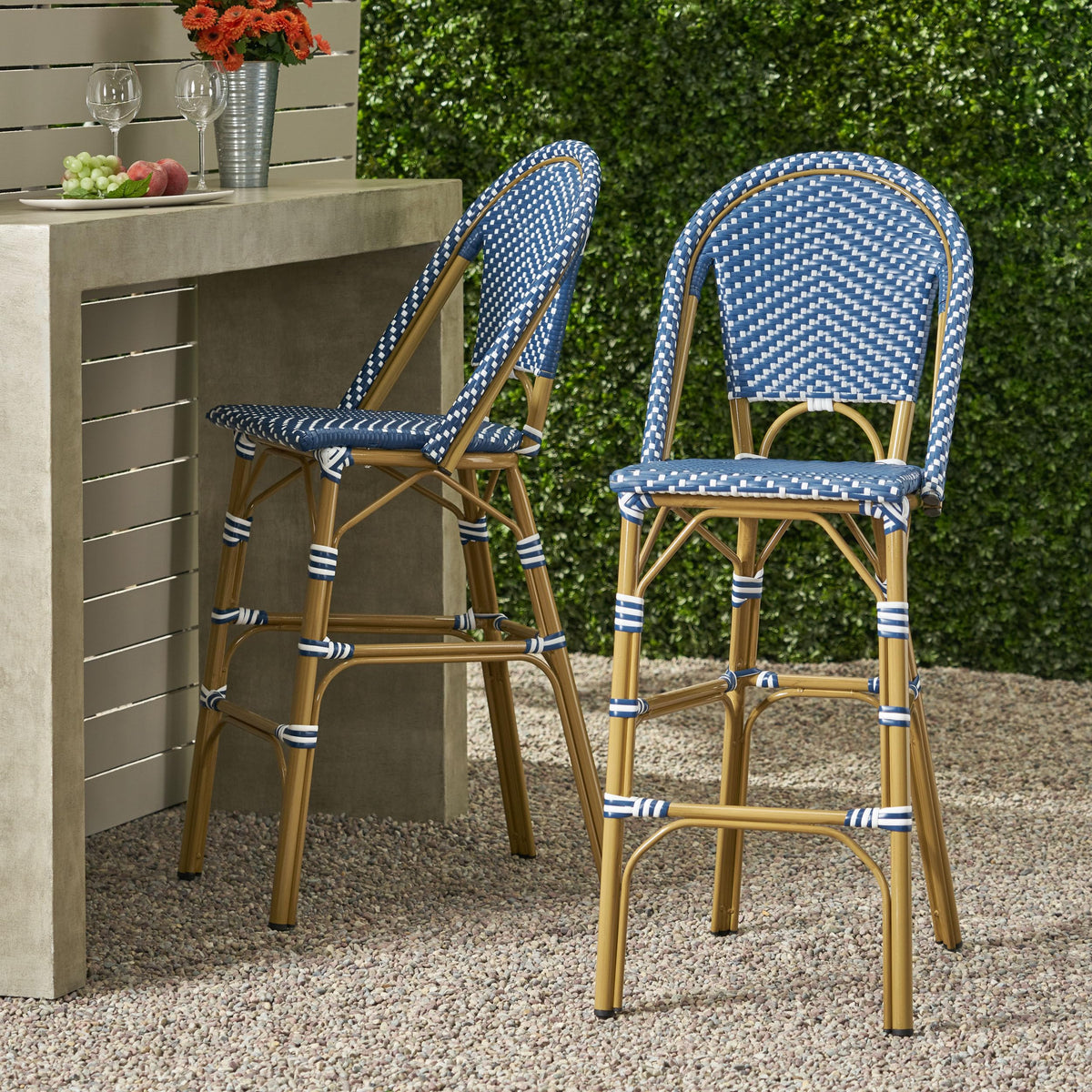 29.5" H Outdoor Bar Stools Set of 2 PE Rattan Aluminum Dark Teal & White Y279159