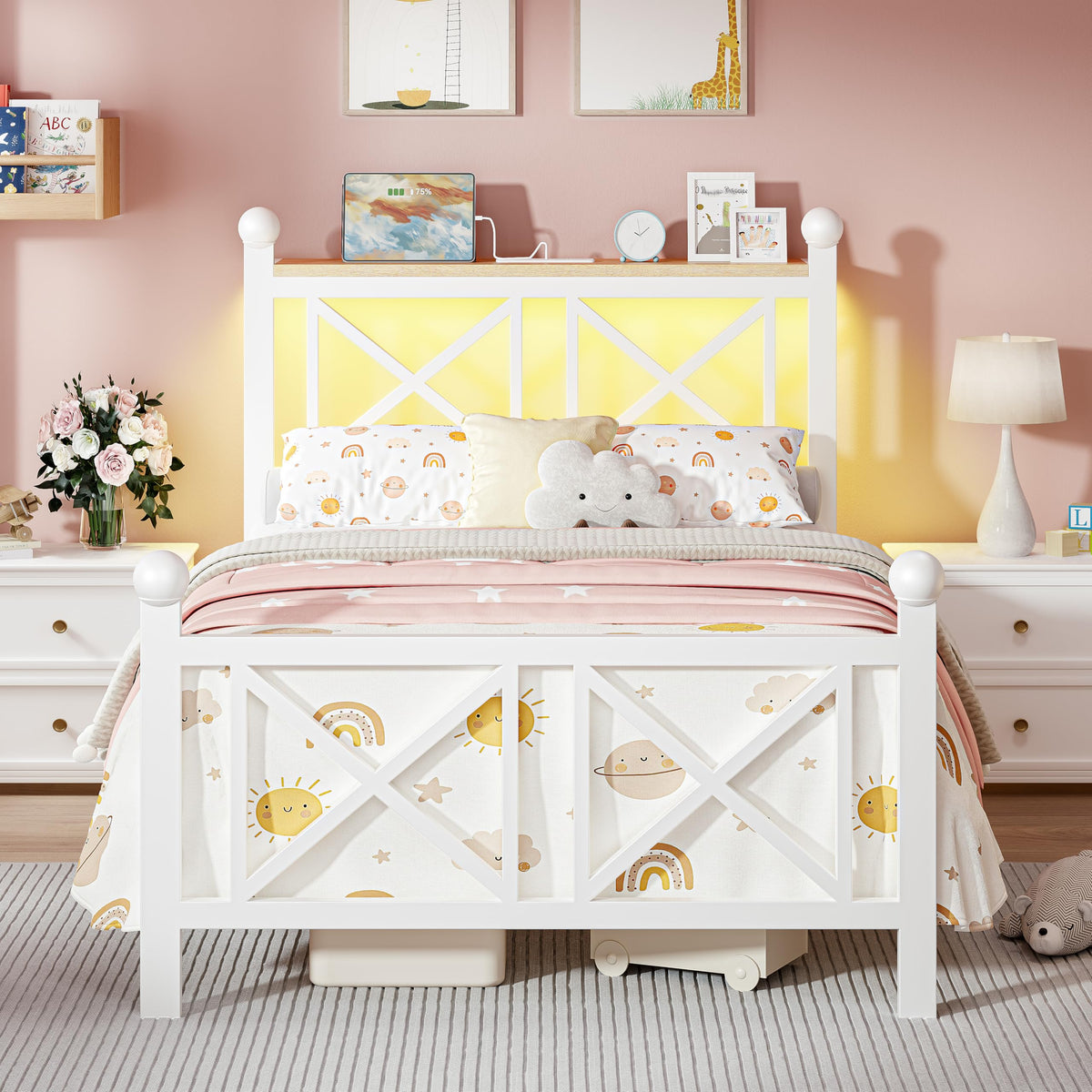 White Twin Bed Frame with Headboard and Footboard E83673