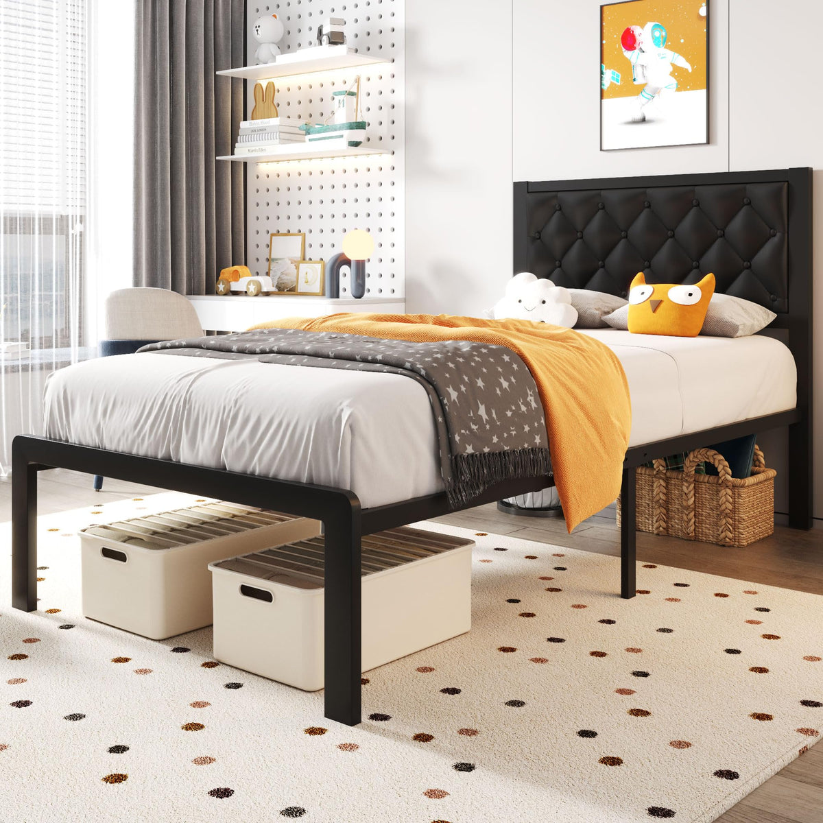 Black PU Leather Upholstered Twin Bed Frame with Headboard E4410