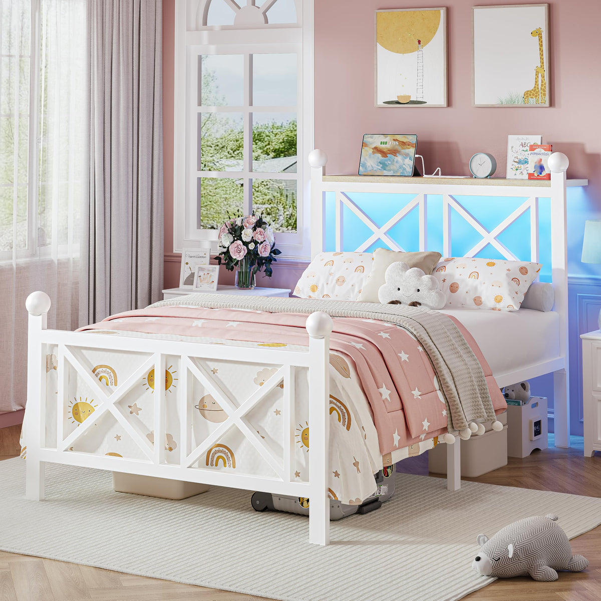 White Twin Bed Frame with Headboard and Footboard E83673