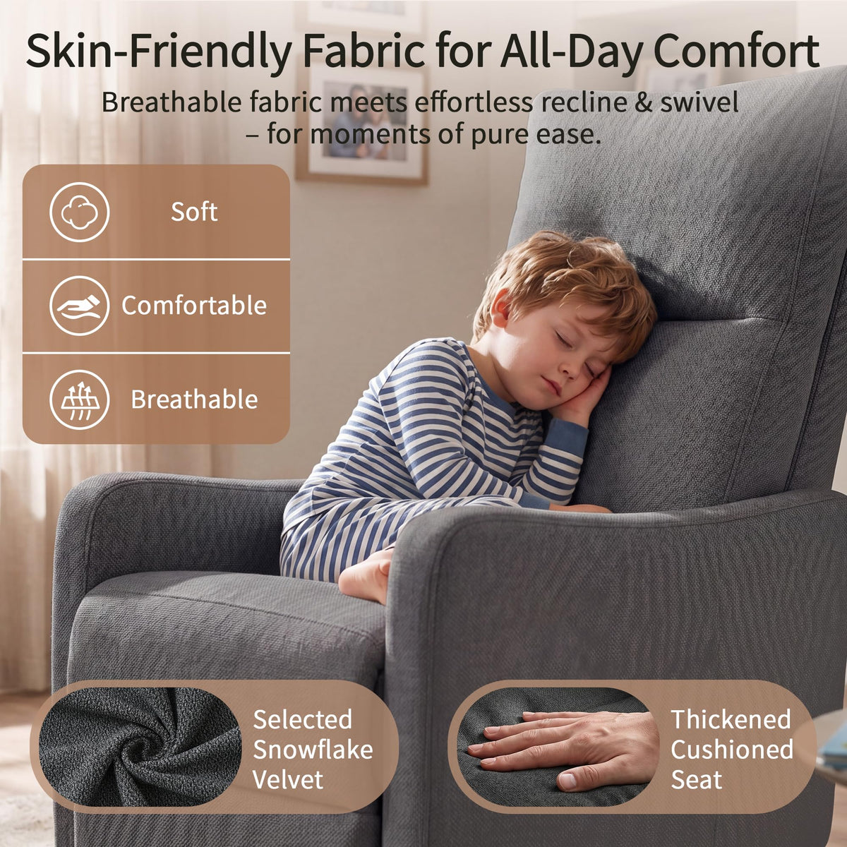 Light Brown Rubberwood Dark Gray Velvet Swivel Rocker Recliner Chair H289348