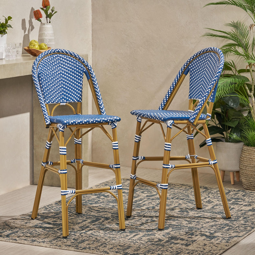 29.5" H Outdoor Bar Stools Set of 2 PE Rattan Aluminum Dark Teal & White Y279159