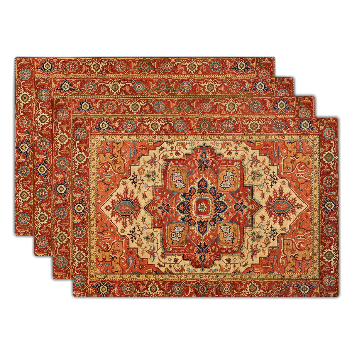 Boho Ethnic Placemats Set of 4 Orange Brown Retro Flower Linen 12"x18" E654