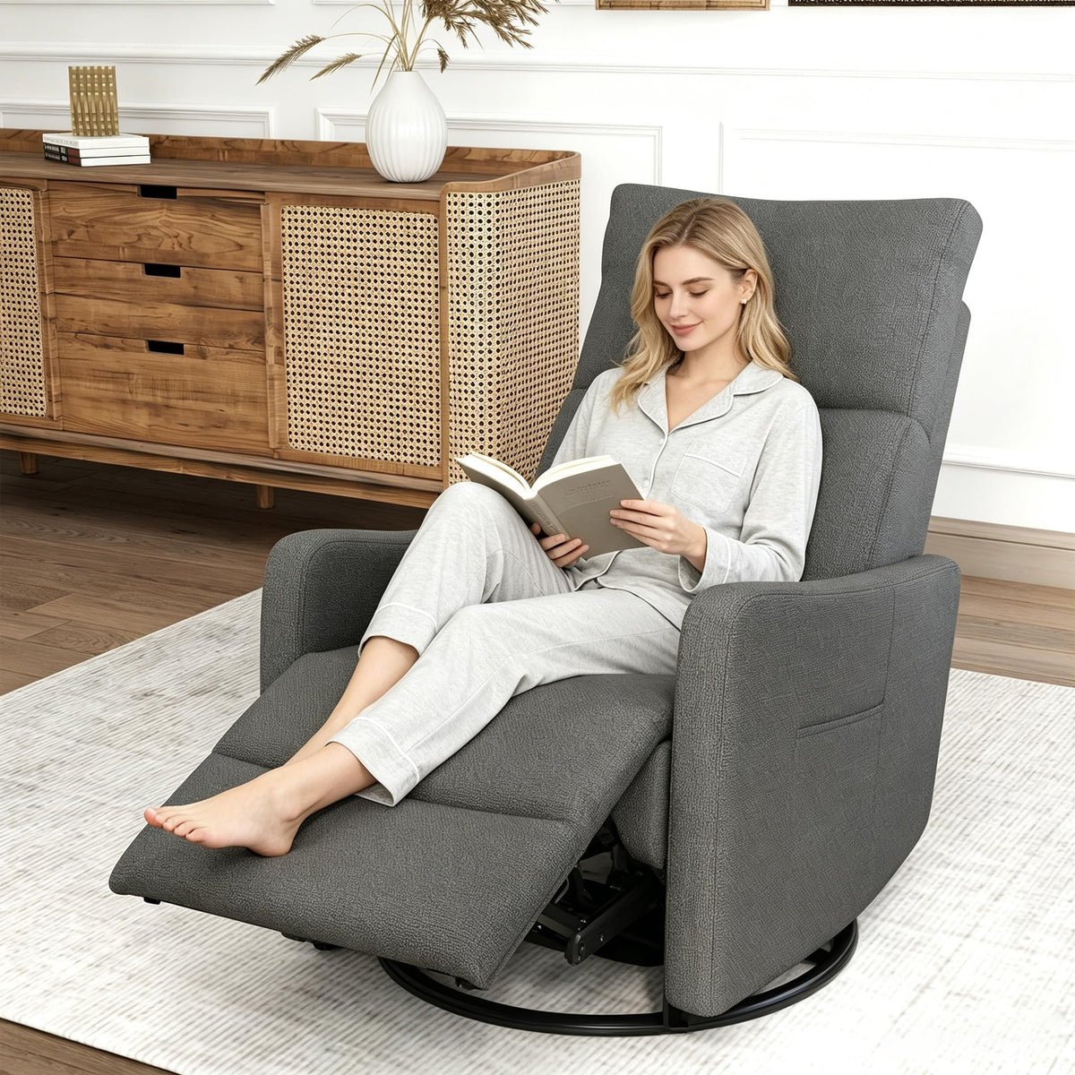 Light Brown Rubberwood Dark Gray Velvet Swivel Rocker Recliner Chair H289348