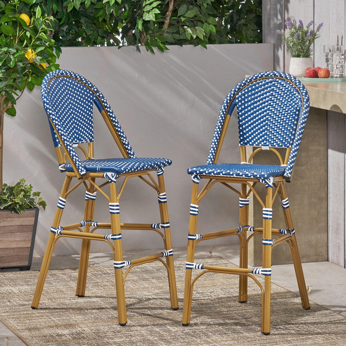29.5" H Outdoor Bar Stools Set of 2 PE Rattan Aluminum Dark Teal & White Y279159